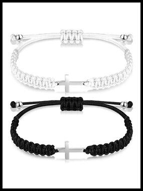 Stainless Steel Cross Charm Bracelet Set Adjustable Nylon Rope Unisex